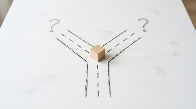 A small wooden block rests at a hand-drawn Y-junction on a white surface, symbolizing a critical decision point.