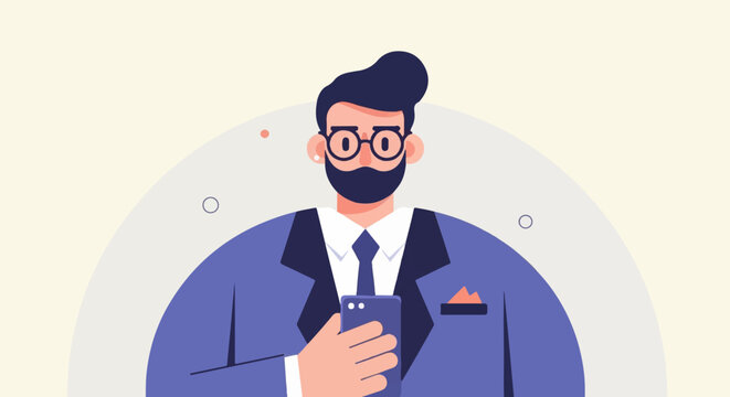 Stylized man in suit with beard, glasses, holding smartphone, white shirt, tie