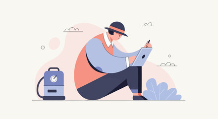 Obraz premium Stylized flat illustration of a person with a hat working on a laptop
