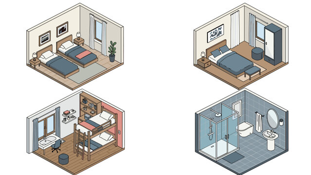 Detailed isometric interior design set showing modern hotel bedroom layouts with twin beds, double bed, bunk beds, and contemporary bathroom.