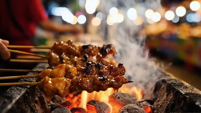 Slow motion ultra-detailed shot of Indonesian satay skewers roasting over intense charcoal heat, flames briefly rising as oil drips onto the coals, glossy marinade shimmering on the meat surface, thic