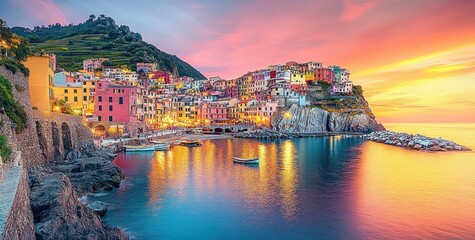 Fototapeta premium colorful cliffside coastal village with lit harbor and small boats at a tranquil sunset