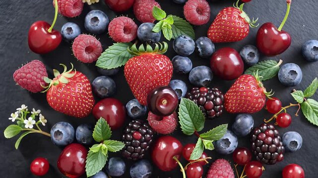 A vibrant assortment of fresh strawberries, blueberries, raspberries, blackberries, and cherries are artfully arranged on a dark surface with green leaves.