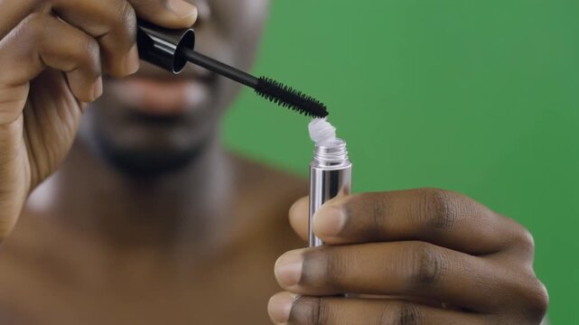 Man applying mascara on eyelashes closely.