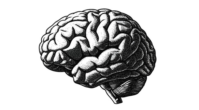 Black and white illustration of a human brain on white background