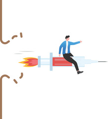 Obraz premium Professional Businessman Riding a Flying Syringe Rocket Towards Healthcare Goals