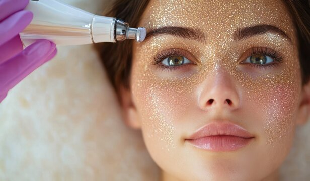 gloved hand holding a handheld skincare device near a relaxed person's ear and neck in a calm clinical spa setting
