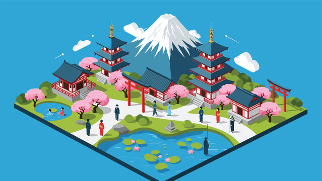 Beautiful isometric Japanese garden landscape features traditional pagodas, cherry blossoms, and Mount Fuji in the distance.