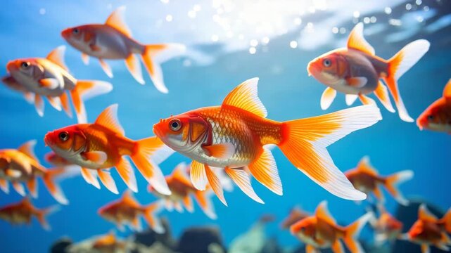 School of vibrant orange goldfish swimming in bright blue water with sunlight rays filtering from the surface above