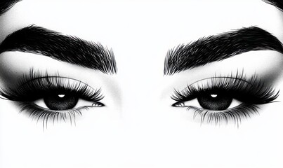 monochrome close-up of intense pair of eyes with thick arched brows, long lashes and dramatic eyeliner conveying an alluring mysterious gaze