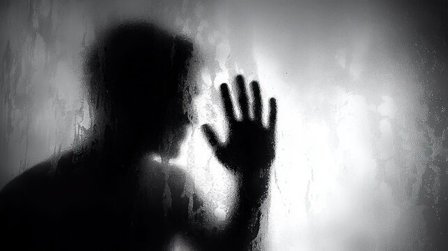 silhouette of a person pressing a hand against fogged glass with wet droplets, blurred profile and dramatic backlight conveying isolation, fear and longing