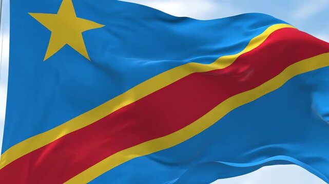 Democratic Republic of Congo Flag Waving in the Wind Under a Cloudy Sky.