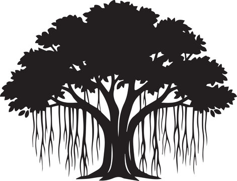 Tropical Banyan Fig Tree Silhouettes Illustration