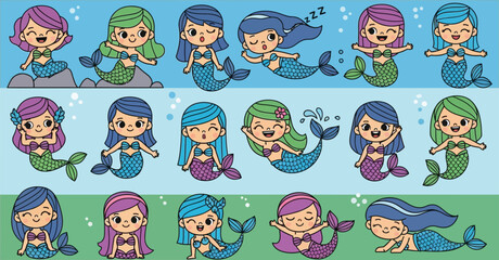 Fototapeta premium Set of cute cartoon mermaids swimming underwater with colorful hair