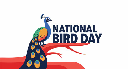 Peacock on red branch National Bird Day colorful vibrant illustration for conservation awareness © Any