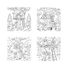 Fototapeta premium Kids Building a Treehouse in Forest Coloring Page Simple Black Line Art for Children Creative Activity Book