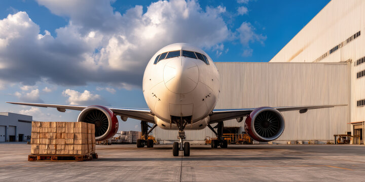  large airplane is parked on the tarmac in front of a hangar under a partly cloudy sky with cargo pallets nearby.