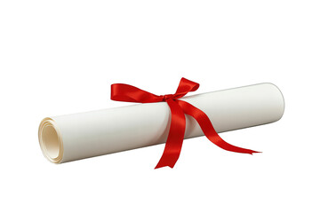 Diploma scroll tied with a red ribbon, symbolizing graduation, education achievement, success, and official certificate recognition