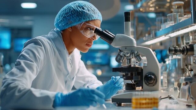 Scientist Examining Under Microscope: A focused scientist, shielded in protective gear, meticulously examines a sample under a microscope in a sterile laboratory environment.