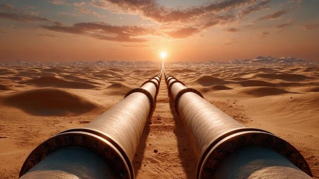 Pipeline to Horizon: A visual narrative unfolds as a long pipeline stretches across an arid desert landscape towards the horizon under a fiery sunset, symbolizing progress and innovation.