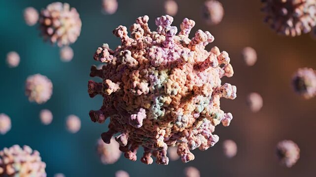 3D rendering of coronavirus pathogen particles in microscopic view