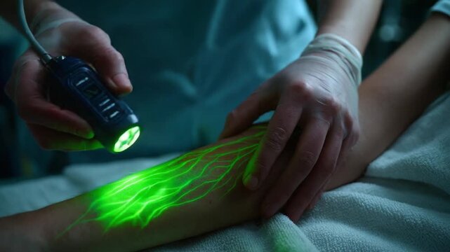 Vein Finder Scan: A medical professional employs a cutting-edge vein finder device to illuminate the intricate network of veins beneath the skin of a patient's arm.
