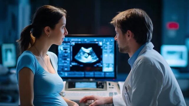 Joyful Expectation: A pregnant woman shares a tender moment with a medical professional, her gaze fixed on the captivating sonogram image. Capturing the beautiful connection and anticipation.