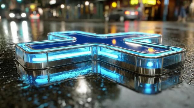 Illuminated Plus Sign in Urban Setting: A vibrant, glowing plus sign is reflected on a wet street. Reflecting both light and innovation against the urban backdrop. 