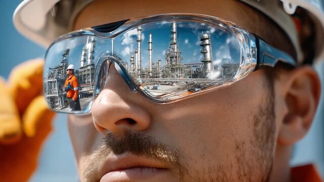 Reflective Gaze: A worker wearing safety glasses gazes towards a industrial plant, the safety glasses reflect the industry.