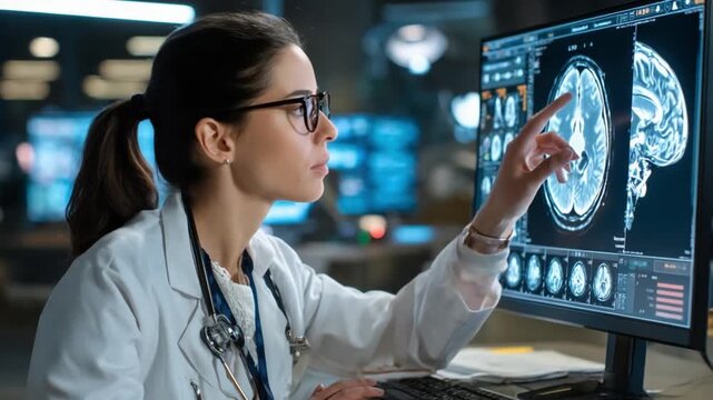 Brain Scan Analysis: A dedicated healthcare professional intently reviews and analyzes advanced medical imaging, focused on a brain scan display.