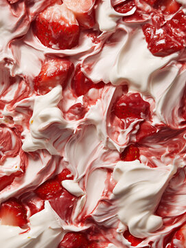 Strawberries and Cream Texture with Crushed Berries and Whipped Cream Swirl, Extreme Macro Food Photography