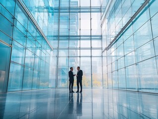 Fototapeta premium Two businessmen in suits shake hands in a bright glass atrium with floor-to-ceiling windows and a polished reflective floor, conveying a professional partnership