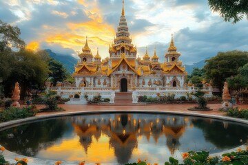 Naklejka premium serene golden temple with multiple ornate spires reflected in a calm round pond at sunset, surrounded by gardens, trees and distant mountains