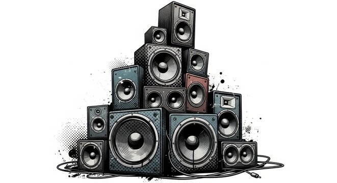 Tower of Sound - A Powerful Speaker System Illustration.