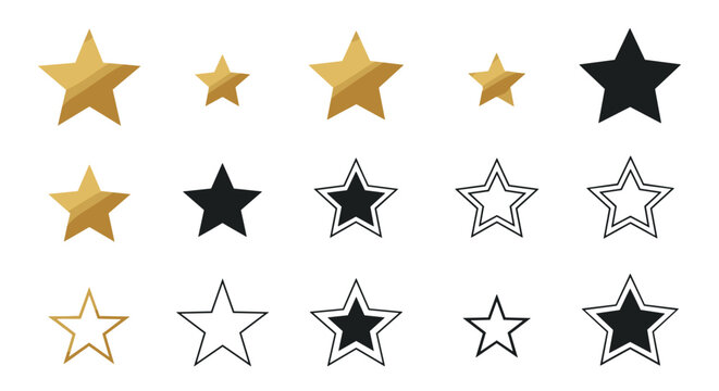Collection of golden black and outline star shapes in various sizes and styles