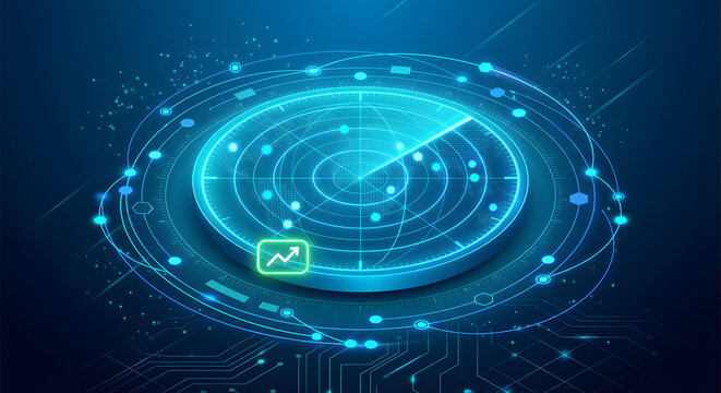 Radar analytics interface with scanning target and growth signal for market intelligence cybersecurity monitoring and data detection