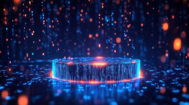 Glowing circular digital platform surrounded by cascading blue data streams and floating orange particles, futuristic and mysterious