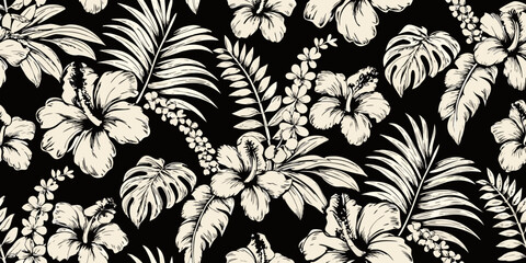Elegant tropical floral pattern with hibiscus and lush foliage © Mithun