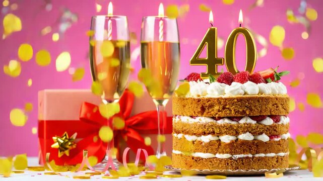 Forty birthday party with tiered berry cake gold candle and champagne glasses on pink background with falling confetti