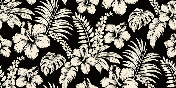 Elegant tropical floral pattern with hibiscus and lush foliage