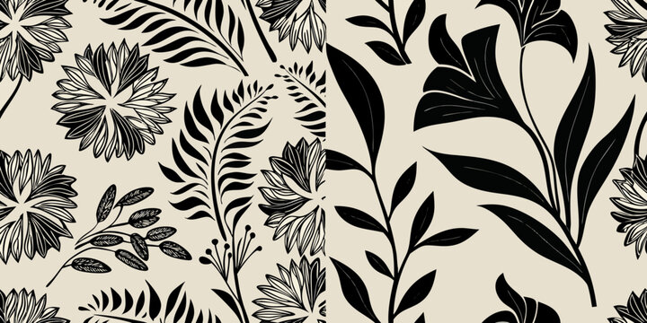 Stylized botanical illustration with repeating floral and foliage patterns