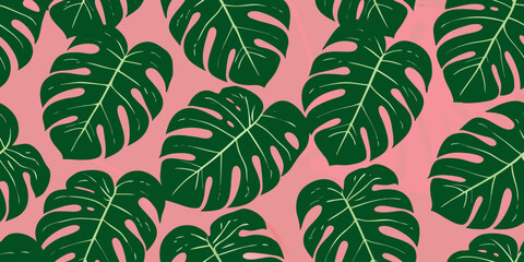 Seamless pattern of vibrant monstera leaves on a pink background © Mithun