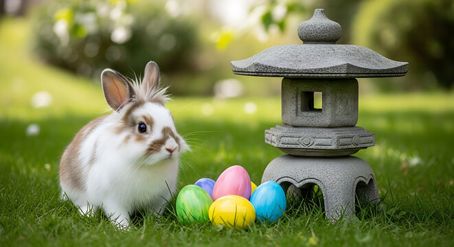 Happy easter sunday with a cute bunny and colorful eggs beside a stone lantern in a lush green garden