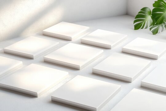 Bright minimalist arrangement of white square tiles on a white surface with soft sunlight and a green plant in the corner, conveying calm and modern simplicity