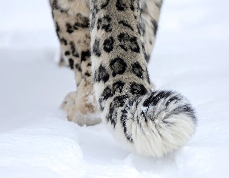 Close-up of a snow leopard's patterned fur tail and back legs walking through a snowy landscape, leaving tracks