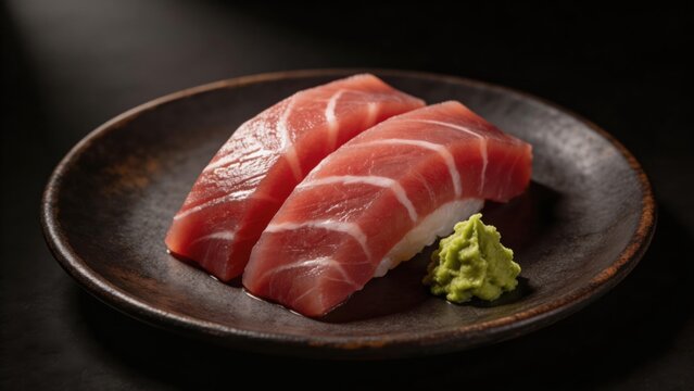 Fresh tuna nigiri sushi with wasabi served on rustic ceramic plate against dark background Japanese cuisine gourmet food photography high quality seafood dish for restaurant menu