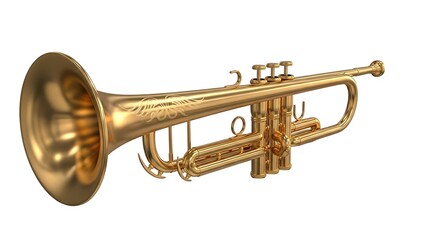 Obraz premium Golden trumpet with ornamental wing design isolated on white background