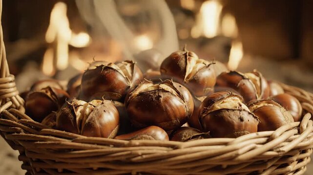 Golden-brown roasted chestnuts in a rustic woven basket with warm firelight