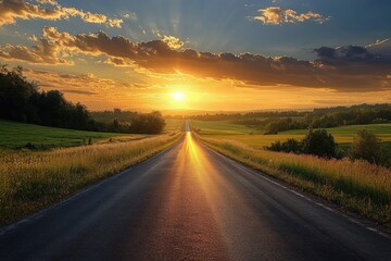 Obraz premium straight country road stretching to a golden sunset over rolling green fields and trees, radiant sky and reflective pavement evoking calm and hopeful mood