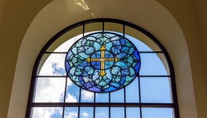 Stunning stained glass window with cross in arched frame